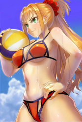 Rule 34 | 10s, 1girl, :3, ball, bikini, breasts, cloud, cowboy shot, day, female focus, green eyes, hand on own hip, high ponytail, hino akane (idolmaster), holding, holding ball, houen, idolmaster, idolmaster cinderella girls, large breasts, long hair, orange hair, scrunchie, sky, smirk, solo, swimsuit, toned, underboob, volleyball (object)