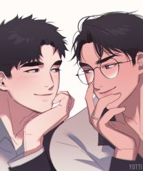 Rule 34 | 2boys, artist name, black eyes, black hair, blush, brown hair, glasses, highres, jewelry, looking at viewer, male focus, multiple boys, nose, original, ring, shirt, smirk, thick eyebrows, wedding ring, white background, yaoi, yotti