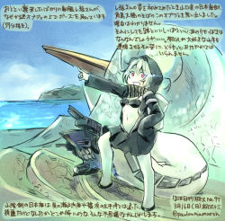 Rule 34 | 10s, 1girl, abyssal ship, dated, grin, hood, jacket, kantai collection, kirisawa juuzou, numbered, ocean, pointing, pointing forward, re-class battleship, red eyes, short hair, silver hair, smile, stone, tail, translation request, twitter username