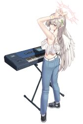 Rule 34 | 1girl, absurdres, arms up, blue archive, blush, crop top, denim, feathers, halo, highres, instrument, jeans, keyboard (instrument), korg triton, laza (0ldsong), light brown hair, long hair, looking at viewer, looking back, nagisa (blue archive), own hands together, pants, simple background, solo, transparent background, very long hair, white wings, wings, wristband