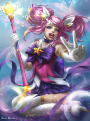 Rule 34 | 1girl, absurdres, alternate costume, artist name, boots, choker, elbow gloves, full body, gloves, hair ornament, happy, heart, highres, league of legends, long hair, lux (league of legends), pink hair, purple eyes, rena illusion, solo, star (symbol), star guardian (league of legends), star guardian lux, star hair ornament, twintails, v, wings
