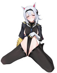 Rule 34 | 1girl, animal ears, arknights, bandaged arm, bandages, black footwear, black hairband, black leotard, blush, boots, breasts, closed mouth, frontal wedgie, full body, hair intakes, hairband, high heel boots, high heels, highleg, highleg leotard, highres, leotard, leotard lift, lifting own clothes, long hair, looking at viewer, medium breasts, official alternate costume, red eyes, sawaki ken, scavenger (arknights), scavenger (survive) (arknights), short sleeves, shoulder spikes, sideboob, sideless outfit, silver hair, simple background, sitting, solo, spikes, spread legs, thigh boots, thighhighs, wariza, wedgie, white background