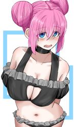 Rule 34 | 1girl, arms behind back, bikini, black bikini, blue eyes, blush, bocchi the rock!, breasts, cleavage, cleavage cutout, clothing cutout, eyes visible through hair, female focus, frilled bikini, frills, gotoh hitori, hair between eyes, hair buns, large breasts, lower teeth only, misokusoz ver04, navel, open mouth, pink hair, simple background, standing, swimsuit, teeth, translucent hair, upper body, white background