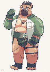 Rule 34 | 1boy, animal ears, bara, belly, black hair, blush, brown fur, clenched hands, closed mouth, commentary, dog boy, dog ears, dog tags, full body, furry, furry male, gloves, green eyes, green gloves, green male underwear, highres, jacket, large pectorals, male focus, male underwear, mawashi, muscular, muscular male, pectorals, sawch cls, scar, scar on arm, scar on chest, scar on face, scar on leg, short hair, signature, simple background, solo, thick eyebrows, thick thighs, thigh strap, thighs, toeless footwear, tokyo houkago summoners, track jacket, tusks, underwear, yasuyori (housamo)