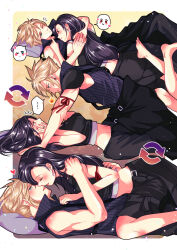 Rule 34 | 1boy, 1girl, :&gt;, ^^^, apron, arm ribbon, babigonice, bare shoulders, barefoot, black apron, black hair, black pants, black shorts, black vest, blonde hair, blue eyes, blush, blush stickers, border, boy on top, breasts, closed mouth, cloud strife, commentary, couple, crop top, earrings, english commentary, eye contact, final fantasy, final fantasy vii, final fantasy vii advent children, from side, girl on top, glint, hand on another&#039;s back, hand on another&#039;s chin, hand on another&#039;s shoulder, hand on own face, heart, hetero, highres, hug, imminent kiss, jewelry, legs up, long hair, looking at another, looking at viewer, lying, lying on person, medium breasts, midriff, navel, on back, on stomach, one eye closed, outside border, pants, pillow, popped collar, profile, red eyes, red ribbon, ribbed shirt, ribbon, ring, shirt, shorts, single earring, single shoulder pad, sitting, sitting on lap, sitting on person, sleeveless, sleeveless shirt, smile, speech bubble, spiked hair, stud earrings, surprised, tank top, tifa lockhart, vest, waist apron, white border, white tank top, yukadon
