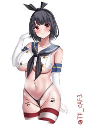 Rule 34 | 1girl, absurdres, alternate costume, blush, body writing, breasts, buttons, commentary request, cosplay, cowboy shot, crop top, double-breasted, elbow gloves, gloves, highres, kantai collection, large breasts, micro panties, one-hour drawing challenge, panties, partially visible vulva, red eyes, shimakaze (kancolle), shimakaze (kancolle) (cosplay), short hair, solo, steaming body, striped clothes, striped thighhighs, takao (kancolle), tf cafe, thighhighs, thong, twitter username, underboob, underwear, white gloves