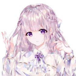 Rule 34 | 1girl, ascot, bow, braid, brown hair, collared shirt, hair bow, hands in hair, hands up, long hair, long sleeves, looking at viewer, original, parted lips, purple eyes, shirt, solo, white ascot, white bow, white shirt, ymkrnchan