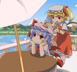 Rule 34 | 2girls, :t, ankle socks, ascot, balcony, bat wings, blonde hair, blouse, blue hair, blue sky, cloud, day, flandre scarlet, flapping, flying, forest, hat, hat ribbon, head rest, hihachi, hill, lake, looking at another, looking up, mob cap, mountain, multiple girls, nature, open hand, pouring, pout, railing, red eyes, remilia scarlet, ribbon, shade, shadow, shirt, short hair, siblings, side ponytail, sisters, sitting, skirt, skirt set, sky, socks, table, teapot, touhou, umbrella, wings, wrist cuffs