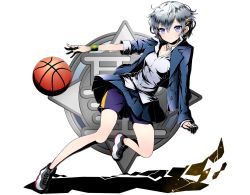 Rule 34 | 1girl, ball, bandages, basketball, basketball (object), blue eyes, blue jacket, blue shorts, blue skirt, collarbone, divine gate, dress shirt, full body, grey shirt, hair between eyes, highres, jacket, jewelry, looking at viewer, miniskirt, necklace, open clothes, open jacket, pleated skirt, shadow, shirt, short hair, short shorts, shorts, shorts under skirt, silver hair, simple background, skirt, solo, ucmm, white background, wrist cuffs