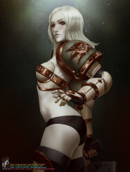 Rule 34 | 1girl, adeptus astartes, armor, armored boots, artist name, bikini armor, bolter, boots, breasts, death guard, gauntlets, grey hair, gun, highres, holding, holding gun, holding weapon, lips, long hair, long sleeves, looking at viewer, looking back, medium breasts, pale skin, pauldrons, power armor, shoulder armor, skull ornament, solo, space marine, themaestronoob, warhammer 40k, watermark, weapon, web address