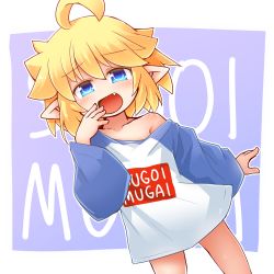 Rule 34 | 1girl, ahoge, text background, blonde hair, blue eyes, blush, clothes writing, collarbone, commentary, cowboy shot, fang, flat chest, gradient background, highres, kso, long sleeves, meme attire, meyuu (kso), multicolored background, off shoulder, ojou-sama pose, open mouth, original, outline, outside border, outstretched arm, oversized clothes, pointy ears, purple background, raglan sleeves, romaji text, short hair, solo, spiked hair, sugoi dekai, translated, white background, white outline
