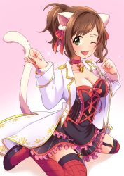 Rule 34 | 1girl, ;d, absurdres, animal ears, bell, black dress, breasts, brown hair, cat ears, cat tail, cleavage, coat, collar, collarbone, dress, fang, frilled dress, frills, garter straps, gradient background, green eyes, hair ribbon, highres, idolmaster, idolmaster cinderella girls, jingle bell, layered dress, looking at viewer, maekawa miku, medium breasts, neck bell, one eye closed, open clothes, open coat, open mouth, paw pose, pink background, ponytail, print coat, red ribbon, red thighhighs, ribbon, shiny clothes, shiny legwear, short dress, short hair, sitting, smile, solo, swepot, tail, thighhighs, wariza, white background, white coat