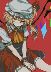 Rule 34 | 1girl, ascot, blonde hair, closed mouth, collared shirt, crystal, fingernails, flandre scarlet, frilled shirt collar, frilled skirt, frills, highres, long hair, nail polish, noriuma, red background, red eyes, red nails, red skirt, red vest, shirt, short sleeves, side ponytail, simple background, skirt, solo, touhou, vest, white shirt, wings, wrist cuffs, yellow ascot