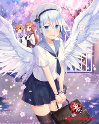 Rule 34 | 3girls, angel wings, bag charm, black legwear, black neckwear, black skirt, blue eyes, blush, bracelet, breasts, briefcase, brown hair, charm (object), cherry blossoms, company name, cross, day, falkyrie no monshou, green eyes, hair ornament, hat, holding, holding briefcase, jewelry, long hair, looking at another, looking at viewer, medium breasts, multiple girls, natsumekinoko, necktie, nervous smile, official art, open mouth, outdoors, railing, sailor collar, sailor hat, school briefcase, short hair, short sleeves, skirt, smile, thighhighs, tree, uniform, white hair, white hat, wings, x hair ornament