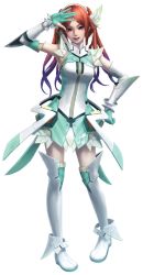 Rule 34 | 1girl, elbow gloves, gloves, gradient hair, hair ornament, hand on own hip, looking at viewer, multicolored hair, official art, open mouth, phantasy star, phantasy star online 2, quna (pso2), simple background, smile, solo, twintails, white background