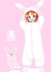 Rule 34 | 1girl, 2023, :d, animal, animal costume, animal ears, animal hood, animal slippers, arms up, blush, brown hair, bunny slippers, chinese zodiac, clothed animal, commentary request, dog, dog ears, fake animal ears, fang, green eyes, highres, hood, inuarashi, meiko (inuarashi), onesie, open mouth, original, parted bangs, pink background, rabbit costume, rabbit ears, rabbit hood, shadow, simple background, slippers, smile, solo, white footwear, year of the rabbit