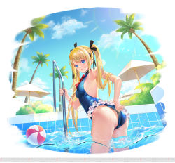 Rule 34 | 1girl, adjusting clothes, adjusting swimsuit, armpits, artist request, ass, ball, bare back, bare legs, bare shoulders, beachball, blonde hair, blue eyes, blue one-piece swimsuit, breasts, casual one-piece swimsuit, caustics, clothes pull, dead or alive, dead or alive xtreme, frilled one-piece swimsuit, frills, gluteal fold, hair ribbon, legs apart, long hair, looking down, marie rose, one-piece swimsuit, one-piece swimsuit pull, open mouth, palm tree, pool, pool ladder, ribbon, sideboob, small breasts, solo, source request, swimsuit, thighs, tree, twintails, wet, wet clothes, wet swimsuit