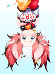 Rule 34 | 1girl, absurdres, animal ears, bare shoulders, black collar, black hair, blue eyes, breasts, breasts squeezed together, cheese, closed mouth, collar, collarbone, crop top, detached sleeves, dice hair ornament, food, forehead, gradient background, hair ornament, hakos baelz, hanging, highres, hololive, hololive english, jewelry, key, key necklace, long sleeves, looking at viewer, medium breasts, midriff, mouse ears, mouse girl, mouse tail, mousetrap, multicolored hair, necklace, off-shoulder shirt, off shoulder, red hair, shirt, solo, spiked collar, spikes, strapless, strapless shirt, streaked hair, tail, twintails, upper body, upside-down, v arms, virtual youtuber, white hair, white shirt, yamaki (yamaki801)