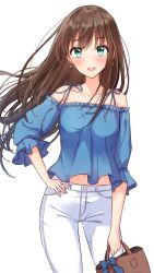 Rule 34 | 1girl, :d, bag, bare shoulders, blue shirt, blush, brown hair, collarbone, detached sleeves, floating hair, frilled sleeves, frills, green eyes, highres, holding, holding bag, idolmaster, idolmaster cinderella girls, long hair, looking at viewer, midriff, navel, open mouth, pants, round teeth, shibuya rin, shirt, simple background, smile, solo, straight hair, teeth, white background, white pants, yukiya (shiya)
