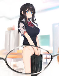 Rule 34 | 1girl, bag, black bag, black hair, blue eyes, blue sweater vest, blurry, blurry background, bottomless, bow, bowtie, braid, breasts, closed mouth, collared shirt, commentary request, covering privates, covering crotch, holding, holding bag, indoors, large breasts, long hair, looking at viewer, original, pov, red bow, red bowtie, school uniform, shirt, short sleeves, sidelocks, smile, solo focus, standing, sweater vest, twin braids, twintails, white shirt, x-ray glasses, x-ray vision, yaegashi nan
