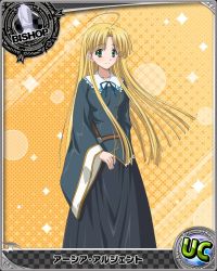 Rule 34 | 10s, 1girl, asia argento, bishop (chess), blonde hair, card (medium), character name, chess piece, dress, green eyes, high school dxd, long hair, looking at viewer, official art, smile, solo, trading card
