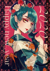 Rule 34 | 1girl, 2020, absurdres, animal, aqua hair, blunt bangs, bob cut, cat, dated, eyeshadow, floral print, flower, framed, from side, half-closed eyes, happy new year, headgear, highres, holding, holding animal, japanese clothes, kimono, lipstick, looking at viewer, makeup, new year, original, pink background, print kimono, remon (10112), short hair, smile, yellow eyes