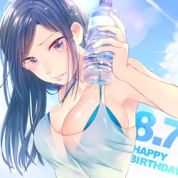 Rule 34 | 10s, 1girl, bikini, bikini top only, bikini under clothes, birthday, black hair, blush, bottle, breasts, cleavage, dated, female focus, happy birthday, huge breasts, idolmaster, idolmaster cinderella girls, lens flare, long hair, looking at viewer, mukai takumi, parted lips, purple eyes, shiny skin, sky, solo, sun, swimsuit, swimsuit under clothes, tabi (artist), upper body, water bottle