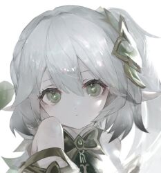 Rule 34 | 1girl, bare shoulders, closed mouth, cross-shaped pupils, dress, expressionless, genshin impact, green dress, green eyes, grey hair, hair ornament, highres, long hair, looking at viewer, misumigumi, nahida (genshin impact), pointy ears, portrait, side ponytail, simple background, sleeveless, sleeveless dress, solo, symbol-shaped pupils, white background