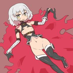 Rule 34 | 1girl, belt, black footwear, boots, breasts, female focus, jack the ripper (fate/apocrypha), looking at viewer, lying, navel, no bra, no panties, on back, on floor, pink hair, short hair, simple background, small breasts, solo, the amboina