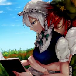 Rule 34 | 2girls, apron, blue eyes, blue sky, book, braid, breasts, cloud, couple, day, closed eyes, hat, head on another&#039;s shoulder, hong meiling, hug, hug from behind, izayoi sakuya, maid headdress, medium breasts, multiple girls, open book, outdoors, parted lips, reading, red hair, shade, short hair, short sleeves, silver hair, sky, star (symbol), tin994, touhou, twin braids, vest, waist apron, yuri