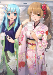 Rule 34 | 2girls, :d, blue eyes, blue hair, breasts, brown hair, chinese zodiac, chrysanthemum print, commentary request, dated, ensemble girls!, floral print, flower, green eyes, green kimono, hair flower, hair ornament, hassaku tsuyuri, hatsumoude, holding, japanese clothes, kimono, long hair, long sleeves, minami natsumi, multiple girls, nail polish, new year, obi, omikuji, open mouth, peony print, pink kimono, pink nails, print kimono, red flower, red rose, rose, sarasa (kanbi), sash, side ponytail, signature, small breasts, smile, twitter username, very long hair, wide sleeves, year of the ox