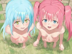 Rule 34 | 2girls, arms behind back, barefoot, blue eyes, blue hair, breasts, brown eyes, completely nude, feet, from above, highres, long hair, looking up, milim nava, multiple girls, mumumuka, navel, nipples, nude, open mouth, outdoors, pink hair, rimuru tempest, small breasts, smile, tensei shitara slime datta ken, toes, twintails