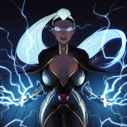 Rule 34 | 1girl, absurdres, bodysuit, breasts, cleavage, cleavage cutout, clothing cutout, collarbone, dark-skinned female, dark skin, devilhs, electricity, glowing, glowing eyes, highres, large breasts, lipstick, long hair, makeup, marvel, ororo munroe, skin tight, solo, standing, storm (x-men), thighs, white hair, wide hips, x-men