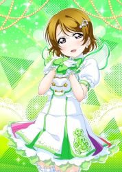 Rule 34 | 1girl, artist name, artist request, blush, bow, bowtie, breasts, brown hair, dress, earrings, female focus, gloves, green background, green bow, green skirt, green wings, hair between eyes, hair ornament, hairclip, hand on own chest, jewelry, koizumi hanayo, looking at viewer, love live!, love live! school idol project, miniskirt, parted lips, plaid, plaid dress, plaid skirt, pleated, pleated dress, pleated skirt, puffy short sleeves, puffy sleeves, purple eyes, short hair, short sleeves, skirt, small breasts, smile, solo, star (symbol), star earrings, star hair ornament, star print, white dress, white gloves, white skirt, wings, wrist bow