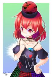 Rule 34 | 1girl, aozora market, breast padding, chain, clothes writing, collar, collarbone, hand on own hip, hecatia lapislazuli, multicolored clothes, multicolored skirt, red eyes, red hair, skirt, solo, sweatdrop, touhou