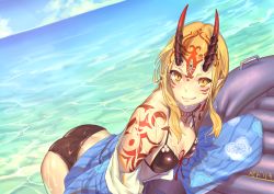 Rule 34 | 1girl, absurdres, ass, bikini, black bikini, blonde hair, blue sky, breasts, chiwan hewan, cleavage, collarbone, day, dutch angle, facial mark, fangs, fangs out, fate/grand order, fate (series), floating hair, floral print, front-tie bikini top, front-tie top, highres, horns, ibaraki douji (fate), long hair, looking at viewer, ocean, outdoors, sky, small breasts, smile, solo, swimsuit, yellow eyes