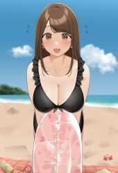 Rule 34 | 1girl, bare shoulders, beach, beach mat, black one-piece swimsuit, blue sky, blurry, blurry background, blush, breasts, brown eyes, brown hair, casual one-piece swimsuit, cloud, collarbone, commentary request, crab, day, earrings, flying sweatdrops, highres, horizon, innertube, jewelry, large breasts, leaning forward, long hair, looking at viewer, lotion, mountain, no nose, ocean, ol-chan (ol mahonanoka), ol mahonanoka, one-piece swimsuit, open mouth, original, outdoors, sand, shore, sky, smile, solo, sunscreen, swept bangs, swim ring, swimsuit, water