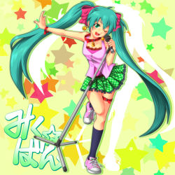 Rule 34 | 1girl, bracelet, character name, earrings, green eyes, green hair, hatsune miku, jewelry, kneehighs, long hair, matching hair/eyes, microphone, microphone stand, one eye closed, open mouth, outstretched arm, skirt, socks, solo, star (symbol), takeru, thigh strap, twintails, very long hair, vocaloid, wink