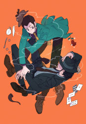 2boys arsene_lupin_iii beard black_hair brown_hair card cigarette commentary_request cup facial_hair floating formal_clothes gun handgun hat highres holding holding_unworn_clothes holding_hat holding_unworn_clothes jigen_daisuke looking_at_another lupin_iii male_focus multiple_boys orange_background playing_card revolver short_hair sideburns smoke smoking suit teacup unworn_hat unworn_headwear urourooooo weapon