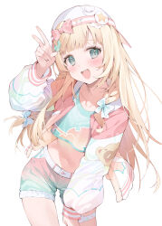 Rule 34 | 1girl, :d, absurdres, aqua eyes, backwards hat, blonde hair, blunt bangs, blush, bow, braid, collarbone, commentary, crop top, green shorts, hair bow, hair ornament, hana mori, hand up, hat, highres, hololive, jacket, kazama iroha, kazama iroha (streetwear), leaf hair ornament, leaning forward, letterman jacket, long hair, looking at viewer, midriff, navel, official alternate costume, open mouth, raccoon hair ornament, shorts, smile, solo, standing, teeth, thigh strap, upper teeth only, v, very long hair, virtual youtuber, white bow, white hat