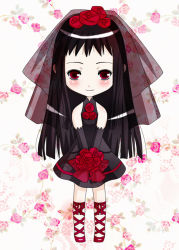 Rule 34 | 1girl, ankle lace-up, ar tonelico, ar tonelico ii, black hair, blush, bouquet, cross-laced footwear, dress, flower, inumori sayaka, jakuri (ar tonelico), long hair, red eyes, solo, veil
