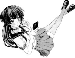 Rule 34 | 1girl, blush, cellphone, choker, commentary request, crossed ankles, greyscale, holding, holding phone, idolmaster, idolmaster shiny colors, loafers, long hair, looking at viewer, mayuzumi fuyuko, midriff, monochrome, phone, pleated skirt, school uniform, serafuku, shoes, simple background, skirt, solo, tanupon, thighhighs, very long hair, white background, zettai ryouiki