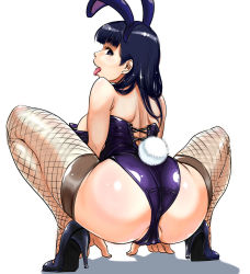 Rule 34 | 1girl, akui (nijiura maids), animal ears, artist request, ass, back, bare shoulders, blue eyes, blue hair, fake animal ears, fishnet thighhighs, fishnets, from behind, futaba channel, hairband, high heels, leotard, long hair, looking at viewer, looking back, matching hair/eyes, nijiura maids, open mouth, partially visible vulva, playboy bunny, rabbit ears, rabbit tail, route3159, simple background, solo, tail, thighhighs, tongue, tongue out, white background
