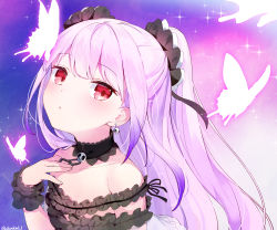 Rule 34 | 1girl, absurdres, akamoku, bad id, bad pixiv id, black collar, black scrunchie, bug, butterfly, collar, dress, earrings, frilled collar, frilled cuffs, frilled dress, frills, glowing butterfly, gothic lolita, hair ornament, hair scrunchie, highres, hololive, insect, jewelry, lolita fashion, long hair, looking at viewer, off-shoulder dress, off shoulder, parted lips, pink hair, purple background, red eyes, scrunchie, short sleeves, skull collar, skull earrings, skull hair ornament, solo, sparkle, twitter username, two side up, uruha rushia, virtual youtuber