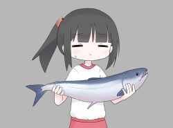 Rule 34 | 1girl, animal, black hair, blunt bangs, closed eyes, closed mouth, commentary, facing viewer, fish, grey background, gym shirt, gym uniform, hair ornament, highres, holding, holding animal, holding fish, kanikan, original, red shorts, shirt, shirt tucked in, short sleeves, shorts, side ponytail, sidelocks, simple background, solo, standing, sweat, upper body, white shirt