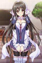 Rule 34 | 1girl, artist request, black hair, black thighhighs, blush, breasts, cleavage, highres, long hair, maid, solo, standing, thighhighs