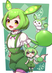 Rule 34 | 1girl, creature and personification, green footwear, green hair, green shorts, green suspenders, highres, looking at viewer, open mouth, pea pod, puffy short sleeves, puffy shorts, puffy sleeves, shirt, short hair, short sleeves, shorts, suspender shorts, suspenders, umenodo, voiceroid, white shirt, yellow eyes, zundamon
