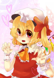 Rule 34 | 1girl, ascot, blonde hair, bow, fang, female focus, flandre scarlet, hat, hat ribbon, heart, highres, open mouth, rarorimiore, red eyes, ribbon, short hair, short sleeves, side ponytail, skirt, solo, touhou, wings