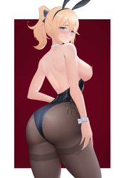 Rule 34 | 1girl, absurdres, alternate costume, animal ears, ass, back, bare shoulders, black pantyhose, blonde hair, blue eyes, blush, breasts, breasts out, embarrassed, genshin impact, hair between eyes, hand on own thigh, highres, jean (genshin impact), jewelry, leotard, looking at viewer, looking back, medium breasts, necklace, nipples, pantyhose, playboy bunny, ponytail, rabbit ears, red background, sideboob, simple background, skin tight, solo, thighs, ultra-13