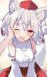 Rule 34 | 1girl, animal ear fluff, animal ears, bare shoulders, blush, breasts, commentary request, detached sleeves, e.o., frilled skirt, frills, hand on another&#039;s cheek, hand on another&#039;s face, hat, highres, inubashiri momiji, long sleeves, looking at viewer, medium breasts, one eye closed, open mouth, pom pom (clothes), red eyes, red hat, red skirt, skirt, solo, tail, tokin hat, touhou, white hair, wide sleeves, wolf ears, wolf tail
